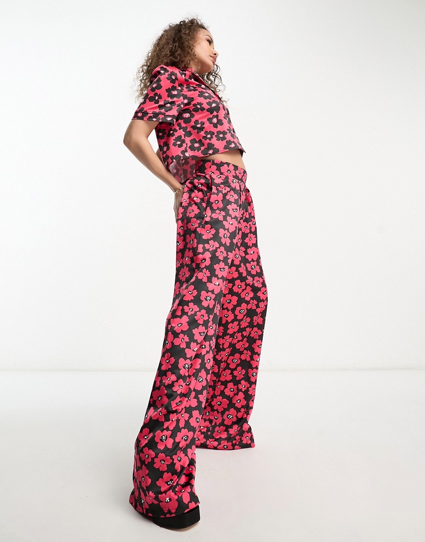 Flounce London Wide Leg Pants In Red And Black Floral - Part Of A Set
