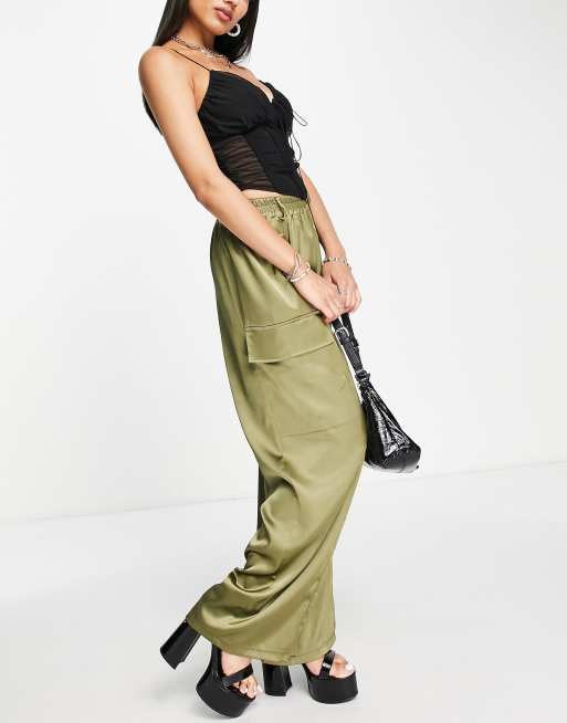 Khaki fluid satin cargo pants