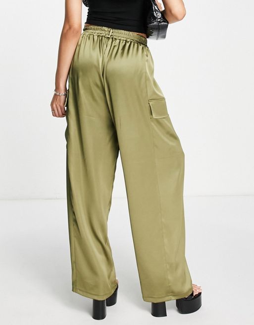 Satin Cargo Pants for Women Casual Work Trousers Elastic High Waist Wide  Leg Satin Pants with Pockets A-Grey at  Women's Clothing store