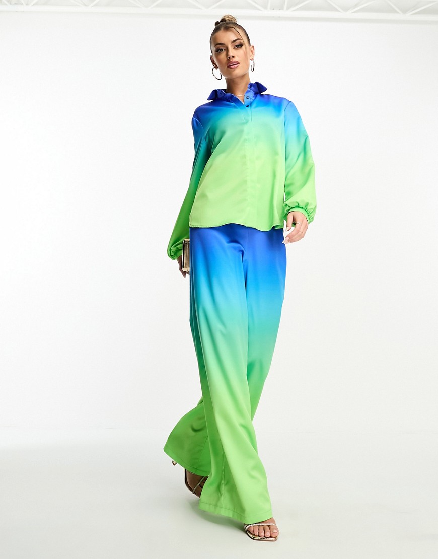 Flounce London Button Up Oversized Satin Shirt In Ombre Blue And Green - Part Of A Set-multi