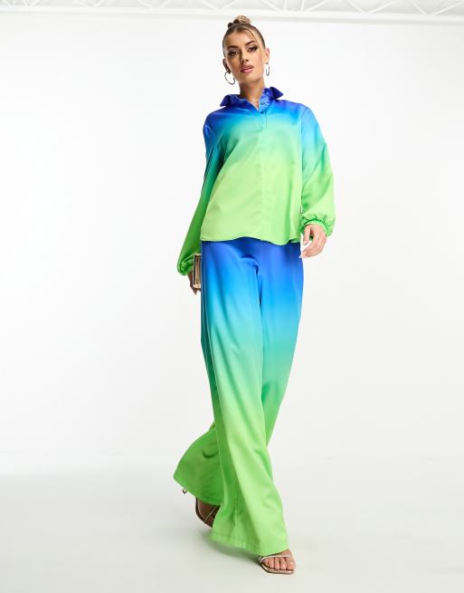 Flounce London wide leg satin pants in blue and green ombre (part of a set)