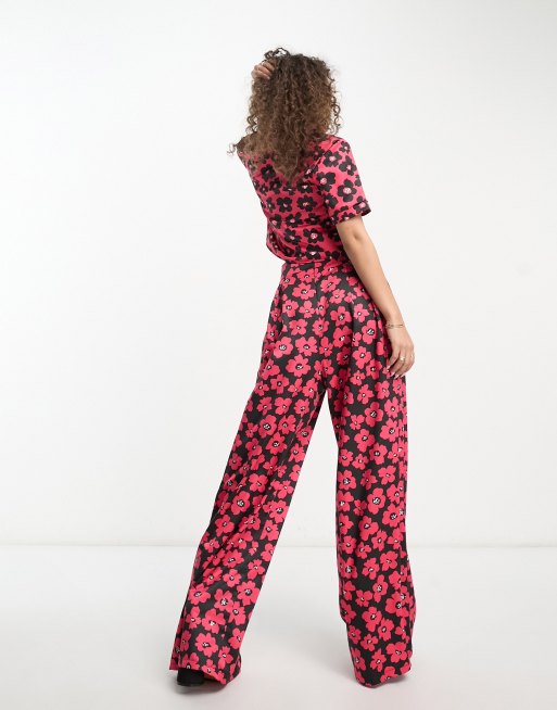 Red Floral Print Wide Leg Trousers