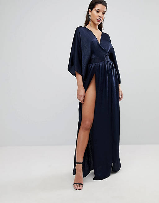 Flounce London Wrap Front Kimono Maxi Dress with Double Thigh Splits and Bodysuit