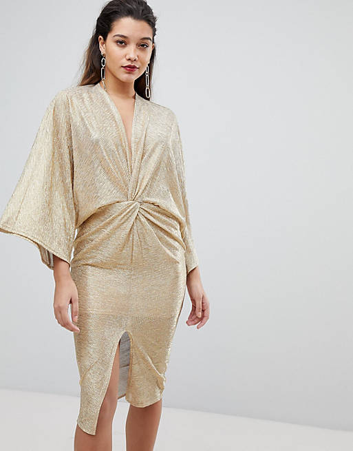 Flounce London Wrap Front Kimono Midi Dress in Gold | ASOS