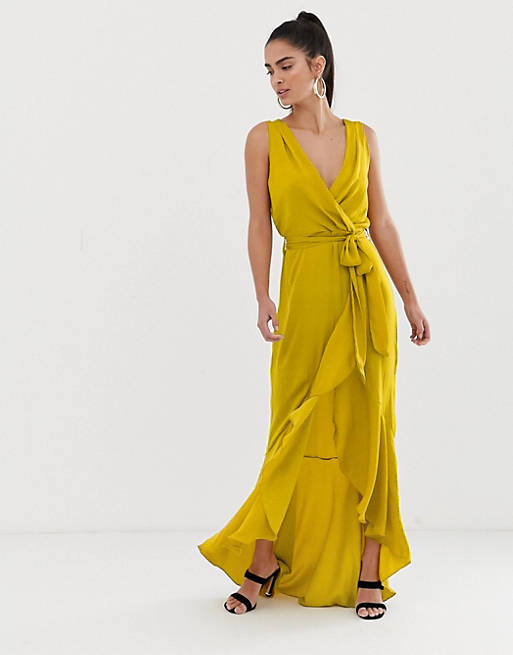 Flounce London wrap front midaxi dress in chartreuse
