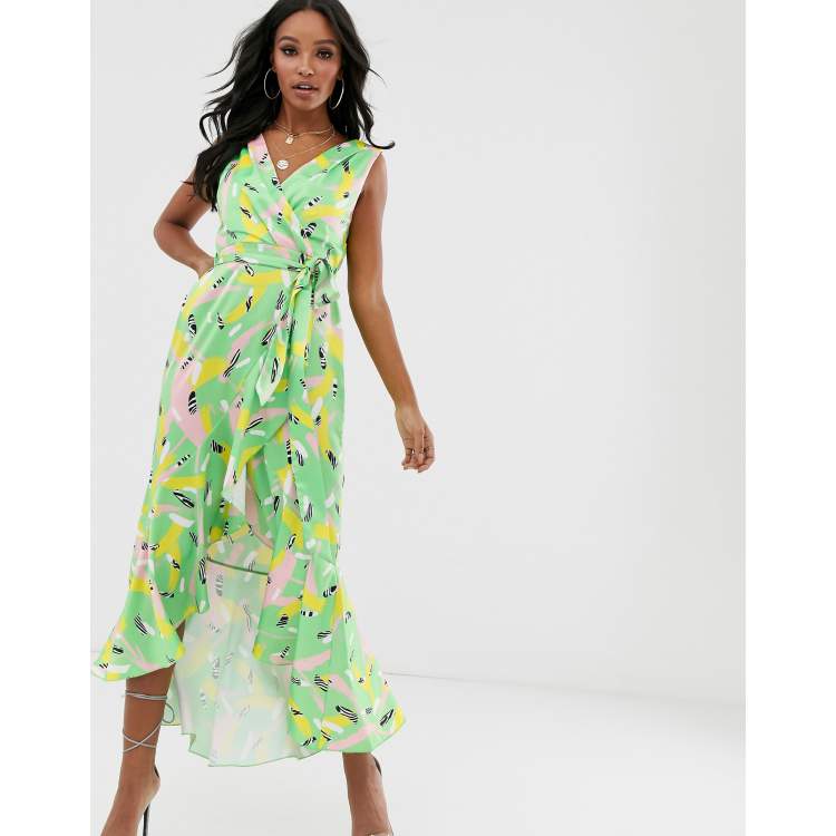 Flounce London wrap front midaxi dress in chartreuse, ASOS