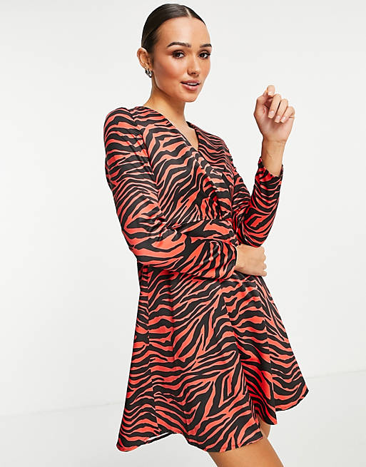 Flounce London wrap front mini dress in red zebra print