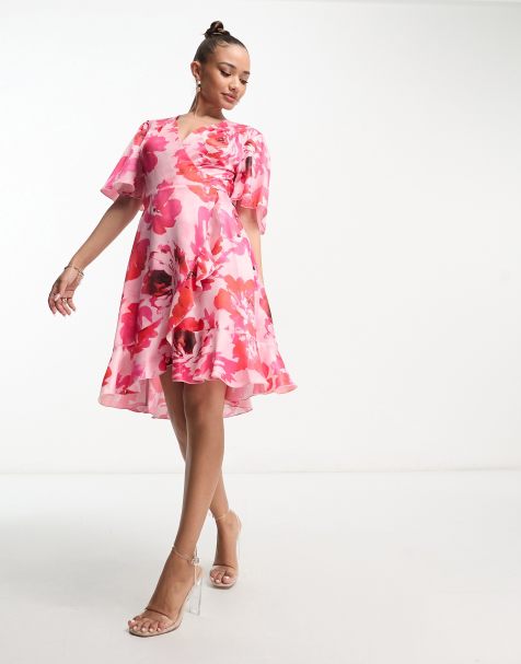Flounce London wrap front mini dress with flutter sleeves in pink rose print - view 1