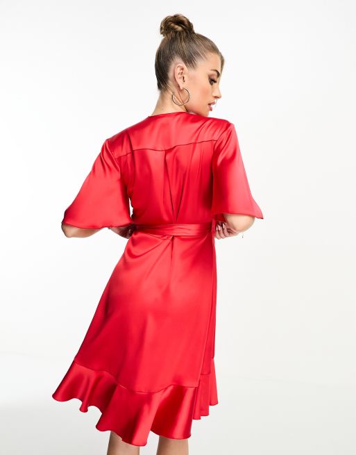 Flounce London wrap front mini satin dress with flutter sleeves in red, 2 of 4
