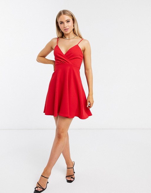 Flounce London wrap front mini skater dress in red