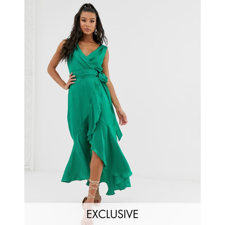 Flounce London wrap front satin midaxi dress in emerald green