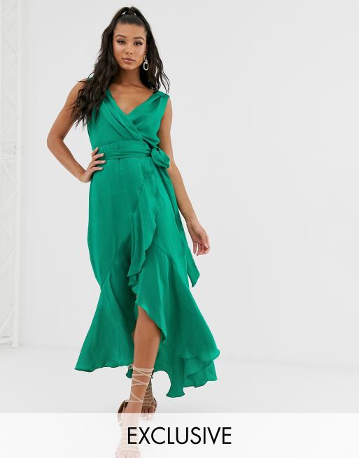 Flounce London Wrap Front Satin Midi Dress in Green