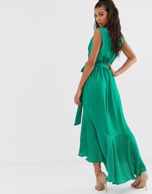 Flounce London wrap front satin midaxi dress in emerald green