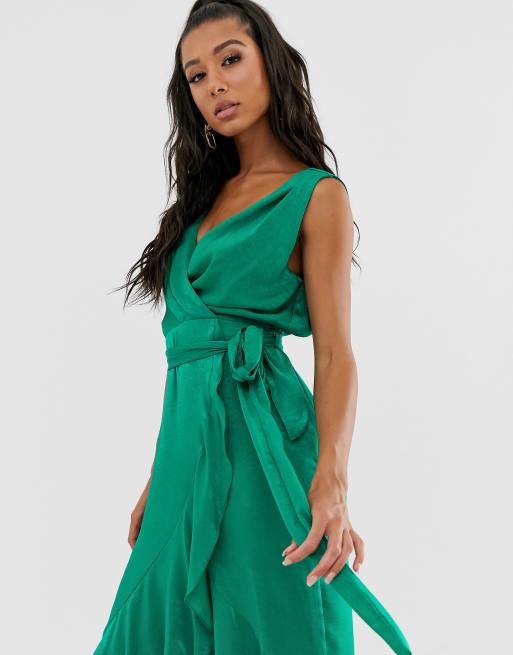 Flounce London satin flutter sleeve wrap front maxi dress in bold green, ASOS