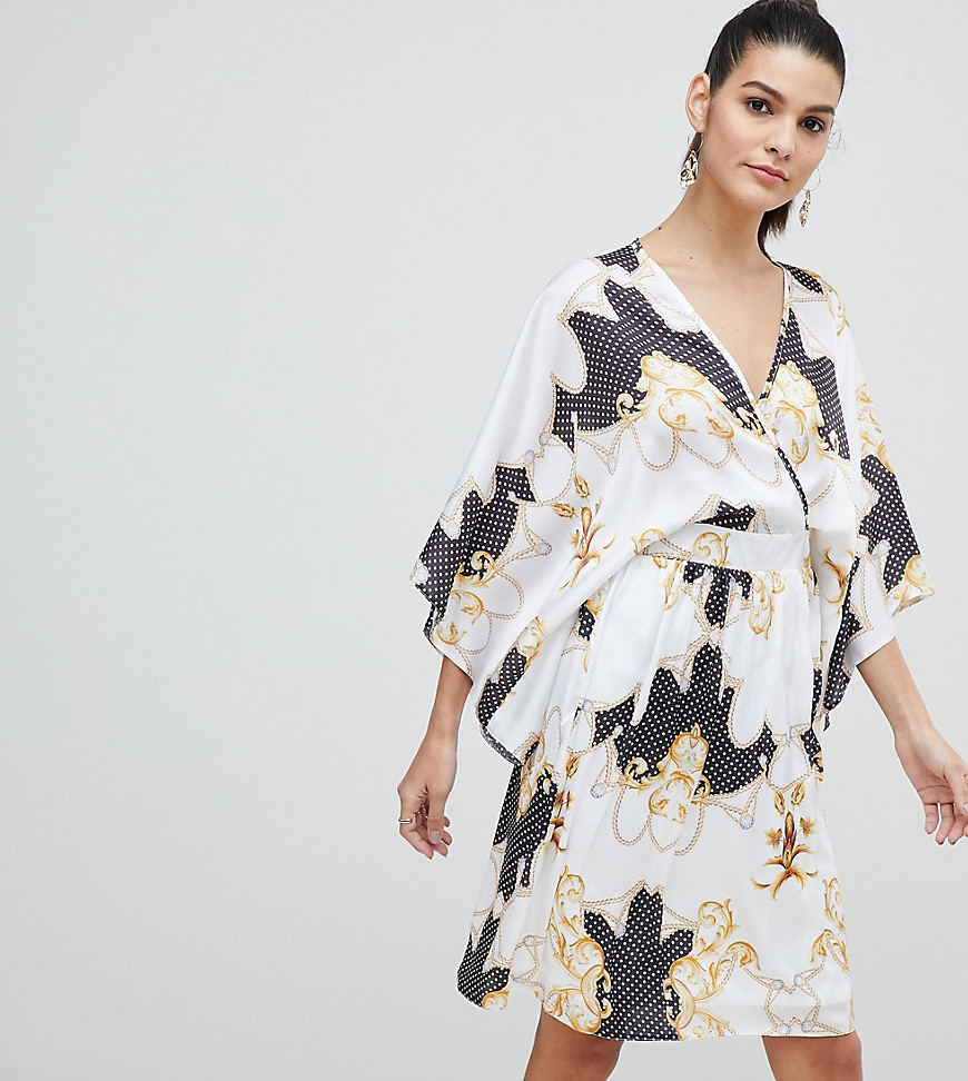 Flounce London Wrap Front Satin Midi Dress with Kimono Sleeve in Print-Multi