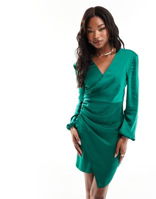 Flounce London Flounce London wrap front satin mini dress in emerald green
