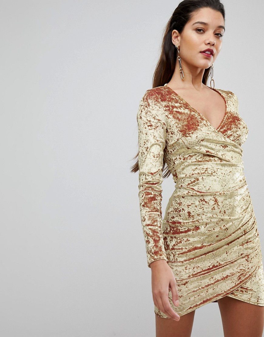 Flounce London Wrap Ruched Mini Dress In Electric Velvet-gold