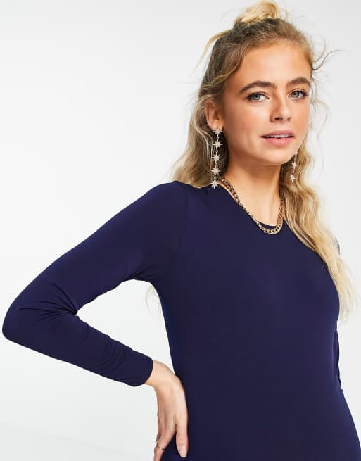 Flounce - Mammakläder – Marinblå enkel midiklänning i jersey med lång ärm, 3 av 4