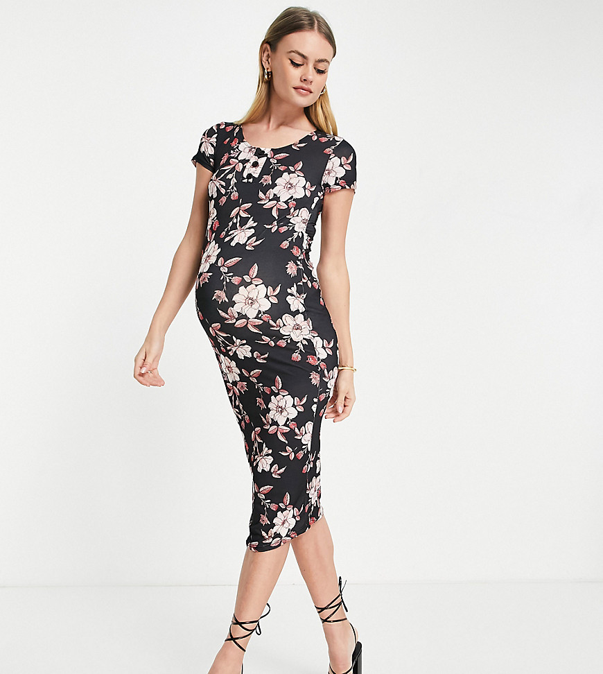 Flounce Maternity basic jersey midi dress with cap sleeves in dark floral-Black