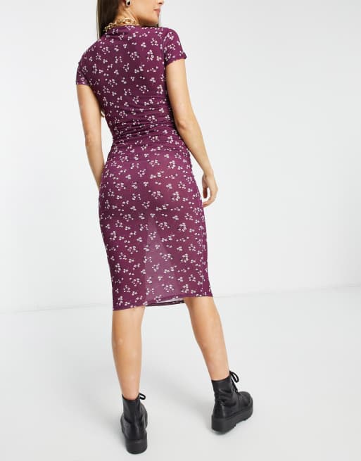 Flounce - Maternity - Basic midi jurk van jersey met kapmouwen en bloemenprint in bordeauxrood, 2 van 4