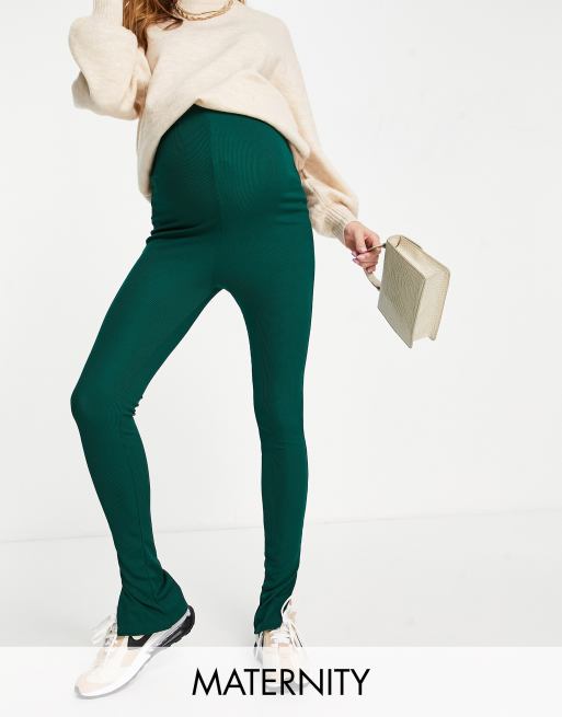 Flounce Maternity narrow ribbed leggings with side split in dark green