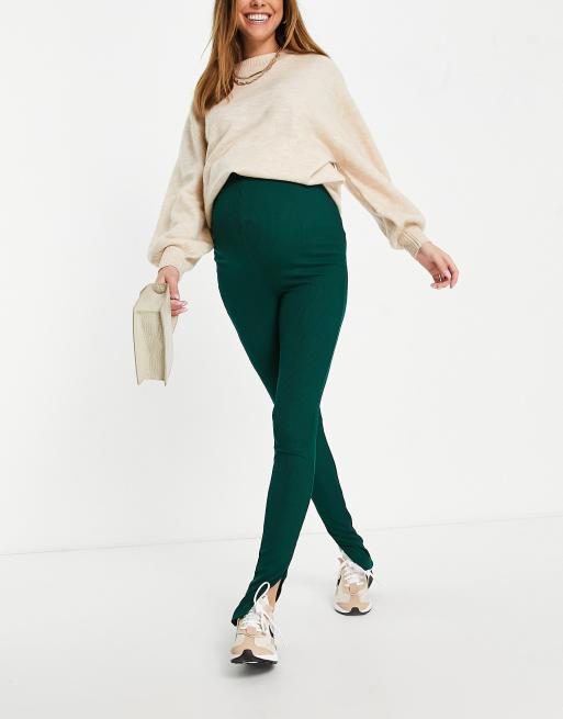 Flounce Maternity narrow ribbed leggings with side split in dark green