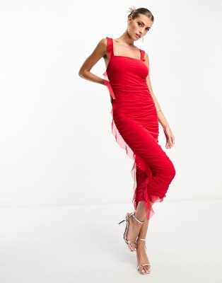 Flounce London Flounce Ruched Mesh Maxi Dress With Ruffle Detail In Red