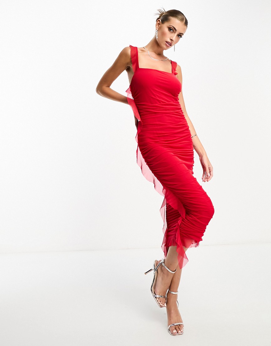 Flounce London Flounce Mesh Square Midi Dress With Frill Detail In Red