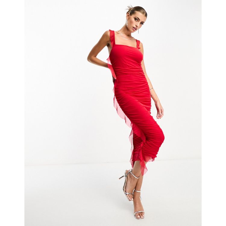 Vesper cami strap midi dress with chiffon detail hem in red