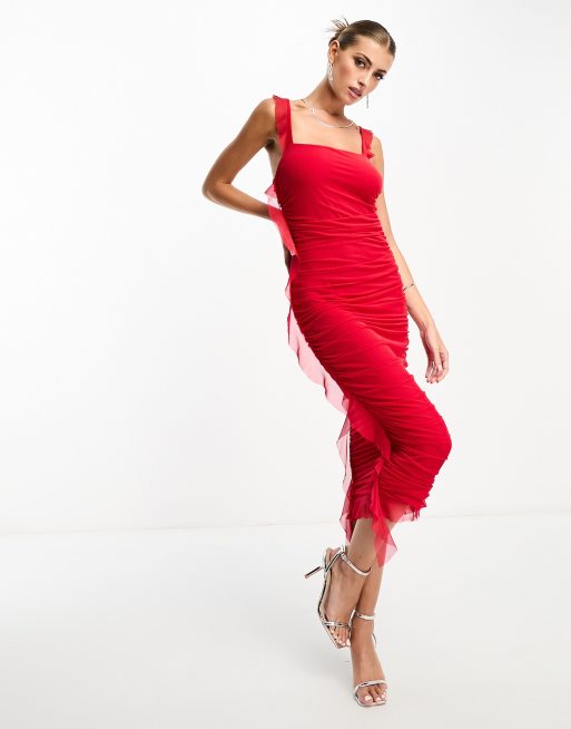 Vesper cami strap midi dress with chiffon detail hem in red