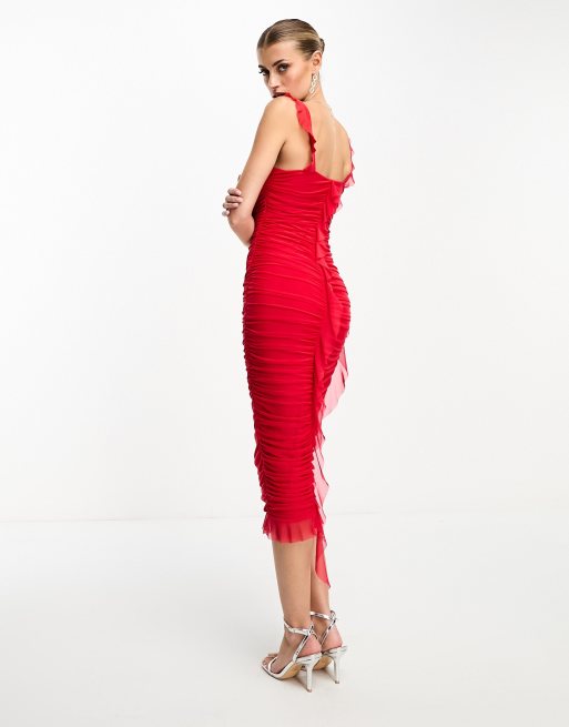 Vesper cami strap midi dress with chiffon detail hem in red