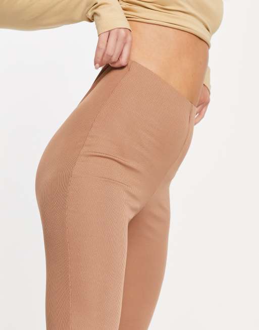 Flounce narrow ribbed leggings with side split in black