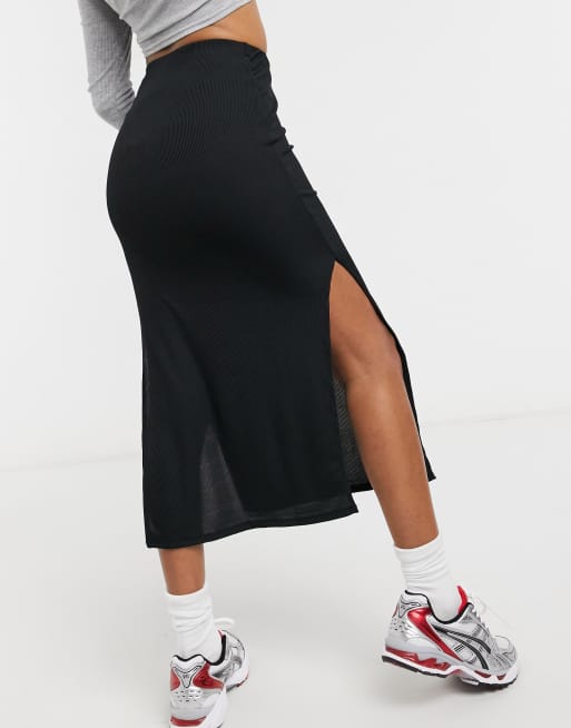 Petite black ribbed midi skirt best sale