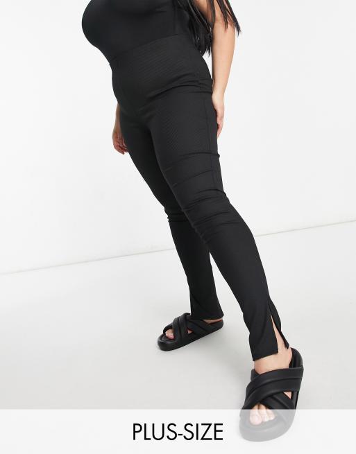 Flounce Plus narrow ribbed leggings with side split in black