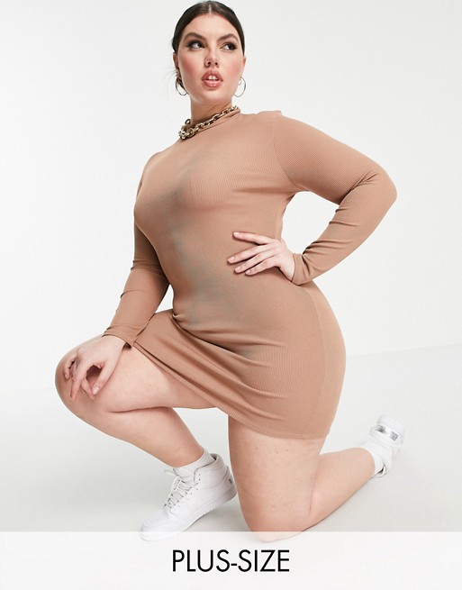 Flounce Plus roll neck ribbed mini dress in taupe