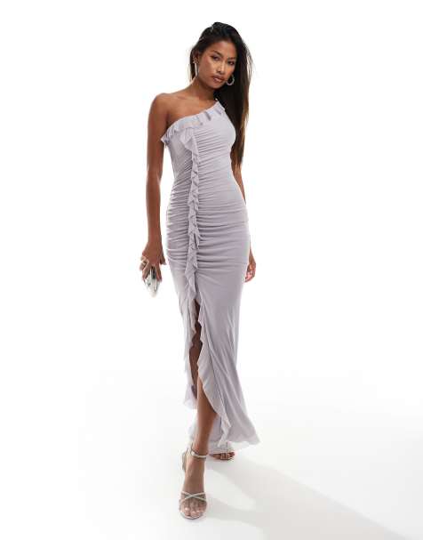 Flounce ruched mesh maxi dress with ruffle detail in gray - view 1