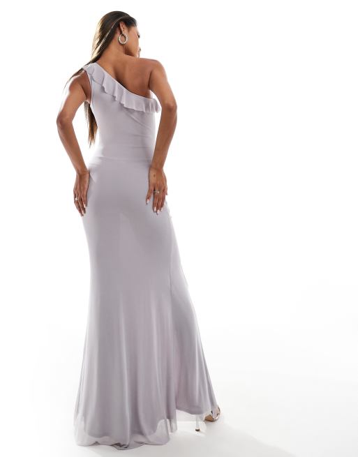 Flounce ruched mesh maxi dress with ruffle detail in gray | ASOS