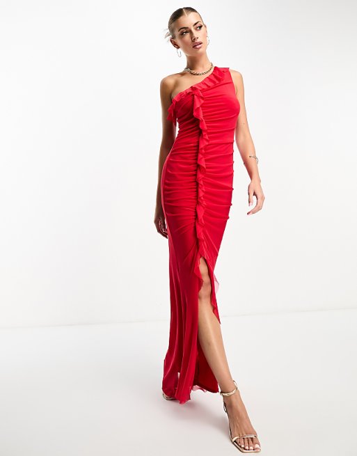 One-Shoulder Ruffled Slim Fit Evening Maxi Dress One-Shoulder Ruffled Slim Fit Evening Maxi Dress