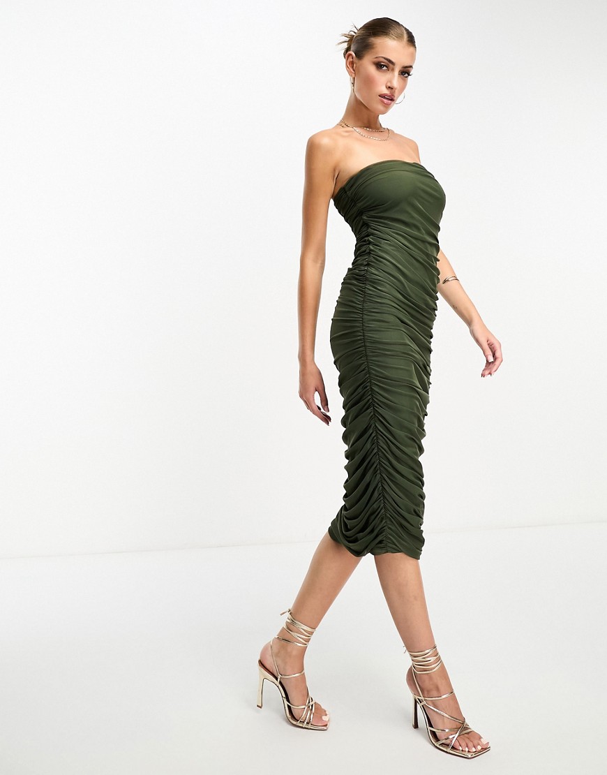 Flounce London Flounce Ruched Mesh Midi Dress In Olive Green