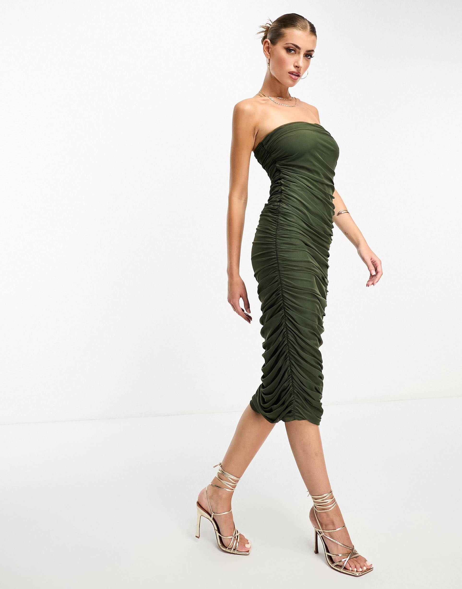 flounce ruched mesh midi dress in olive green