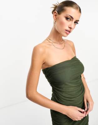 NWT Good American Olive Green Ruched Midi Dress in FOG001 online