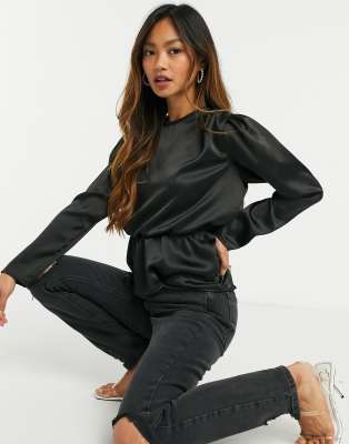 Flounce satin peplum blouse in black