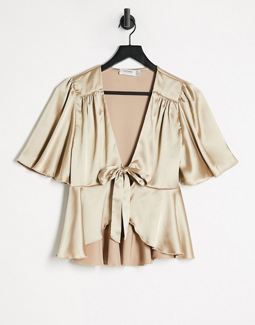 Flounce satin tie front blouse co ord with puff sleeve in light gold