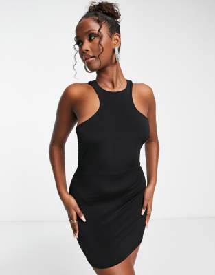 Flounce slinky racer neck mini dress in black