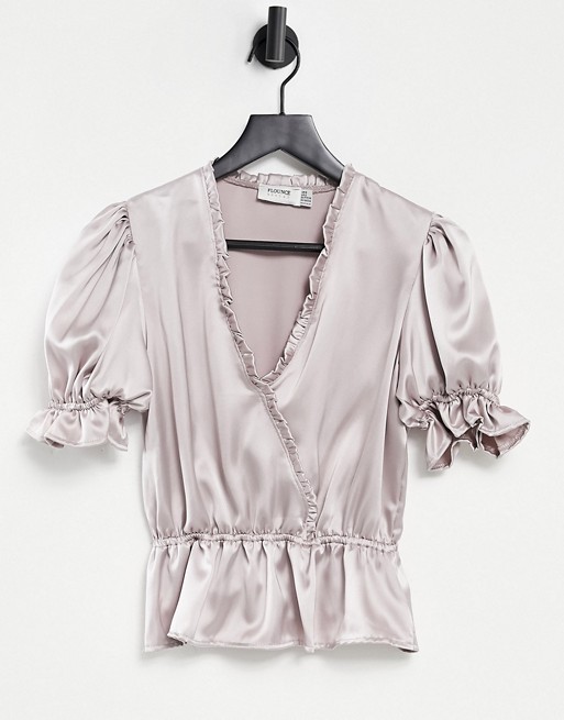 Flounce wrap front blouse with puff sleeves and frill detailing in metallic silver