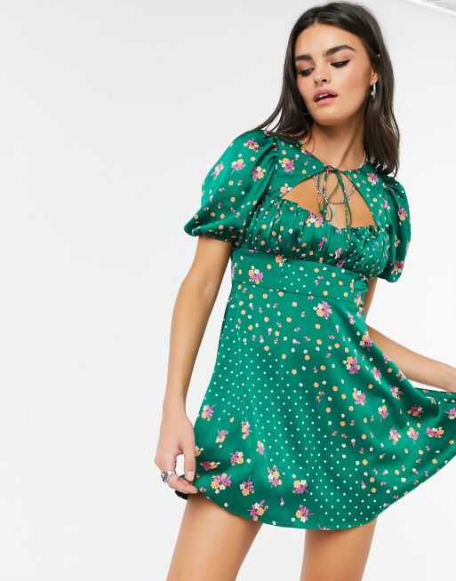 For Love and Lemons Cypress satin mini dress in green floral print | ASOS