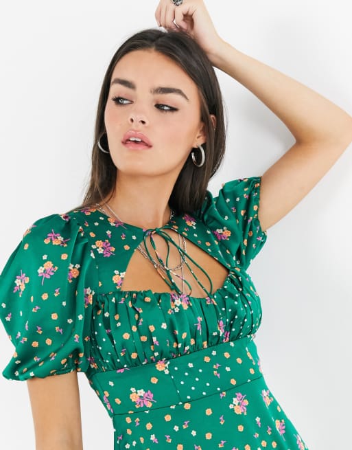For Love And Lemons Cypress Satin Mini Dress In Green Floral Print Asos