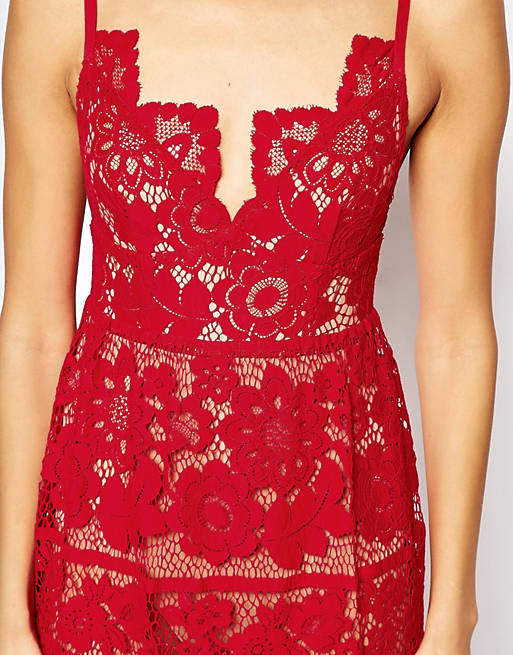 Inspektion Retouch Parcel For Love and Lemons Gianna Midi Dress in Red Lace | ASOS