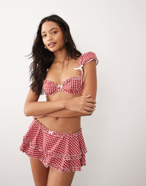 For Love & Lemons Alison puff sleeve bikini top and high waisted bottoms set in red gingham - view 1