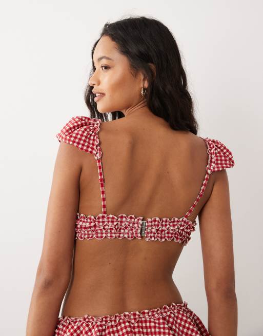For Love & Lemons Alison puff sleeve bikini top co-ord in red gingham, 4 of 4